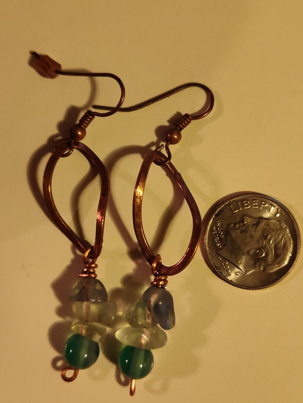 Handcrafted Copper Drop Earrings with Green Glass Beads